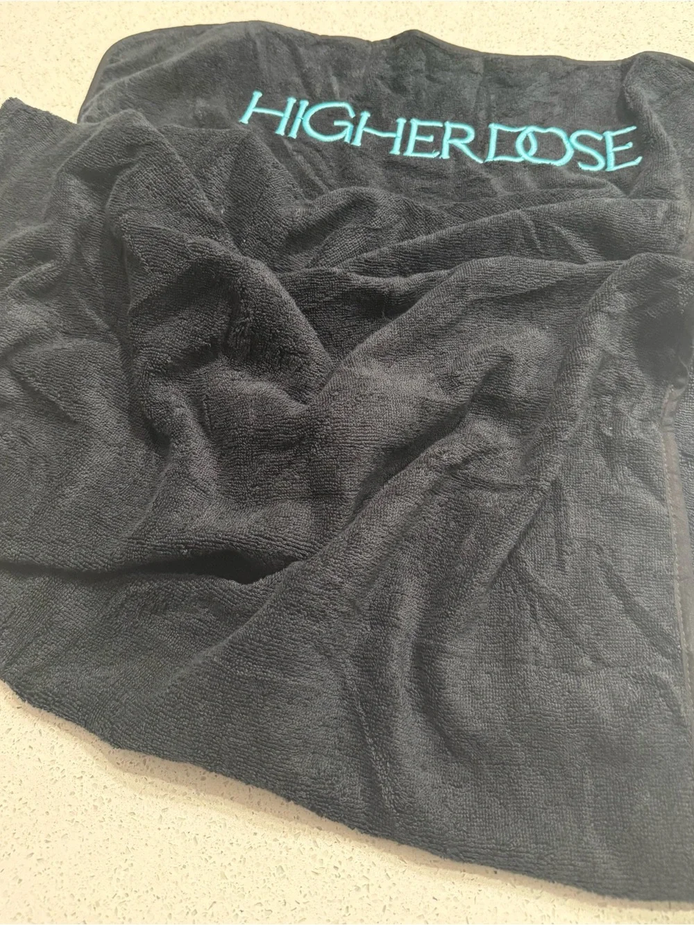 HIGHER DOSE Embroidered Black Bath Towel with Teal Logo